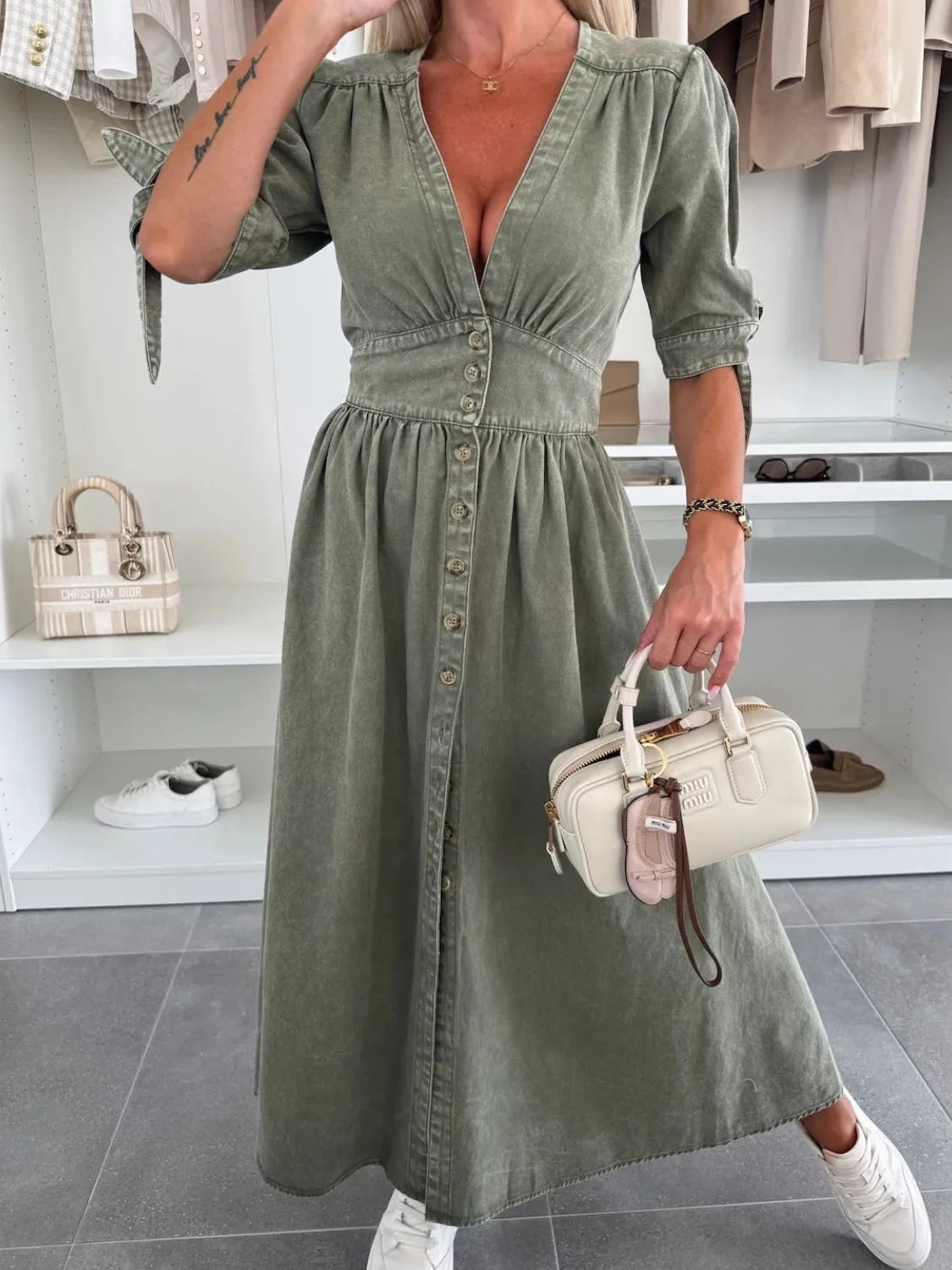 Button Front V-Neck Half Sleeve Denim Dress - Premium Women / Jeans & Denim from Trendsi - Just $53.68! Shop now at Handbags Specialist Headquarter