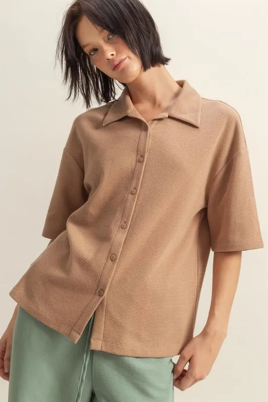 HYFVE Collared Neck Button Down Waffle Shirt - Premium Women's Down Shirt Tops from Trendsi - Just $35.56! Shop now at Handbags Specialist Headquarter