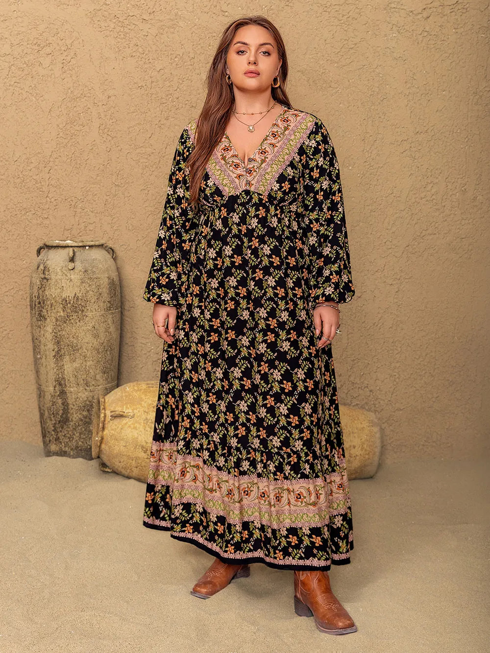Plus Size Floral V-Neck Balloon Sleeve Dress - Premium Dresses from Trendsi - Just $45.99! Shop now at Handbags Specialist Headquarter
