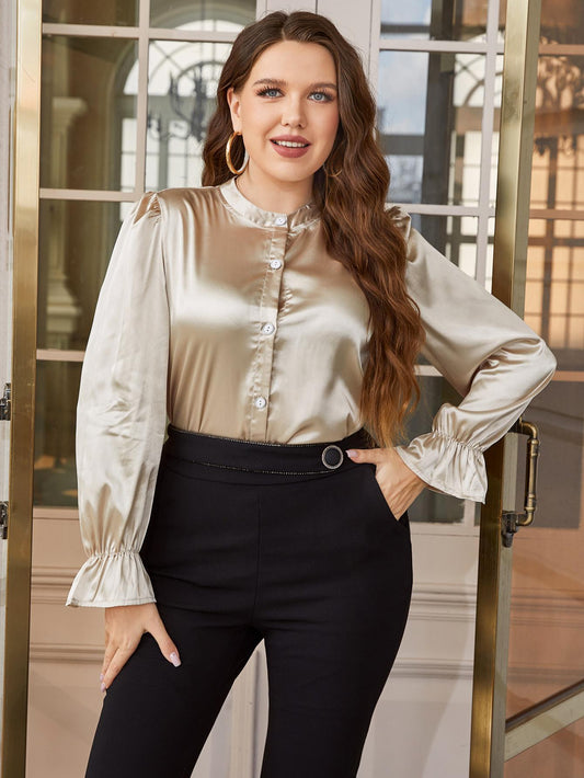 Plus Size Flounce Sleeve Band Collar Shirt - Premium Plus Size Shirts from Trendsi - Just $27! Shop now at Handbags Specialist Headquarter