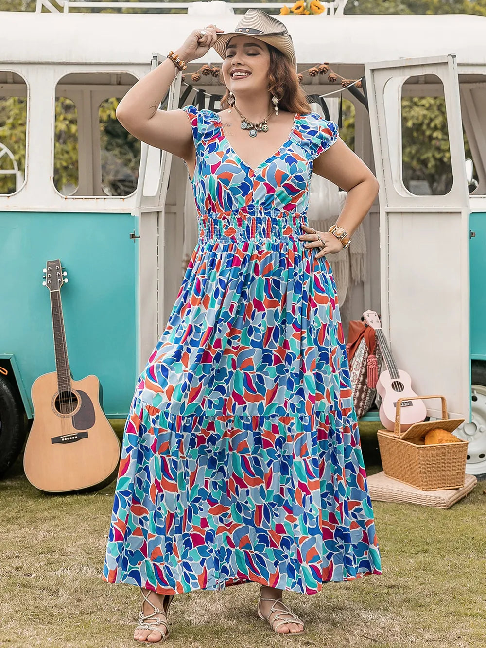 Plus Size Printed Cap Sleeve Dress - Premium Dresses from Trendsi - Just $42.99! Shop now at Handbags Specialist Headquarter