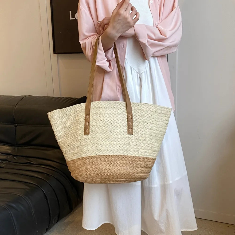Contrast Straw Braided Handbag - Premium Tote Bag from Trendsi - Just $32.99! Shop now at Handbags Specialist Headquarter