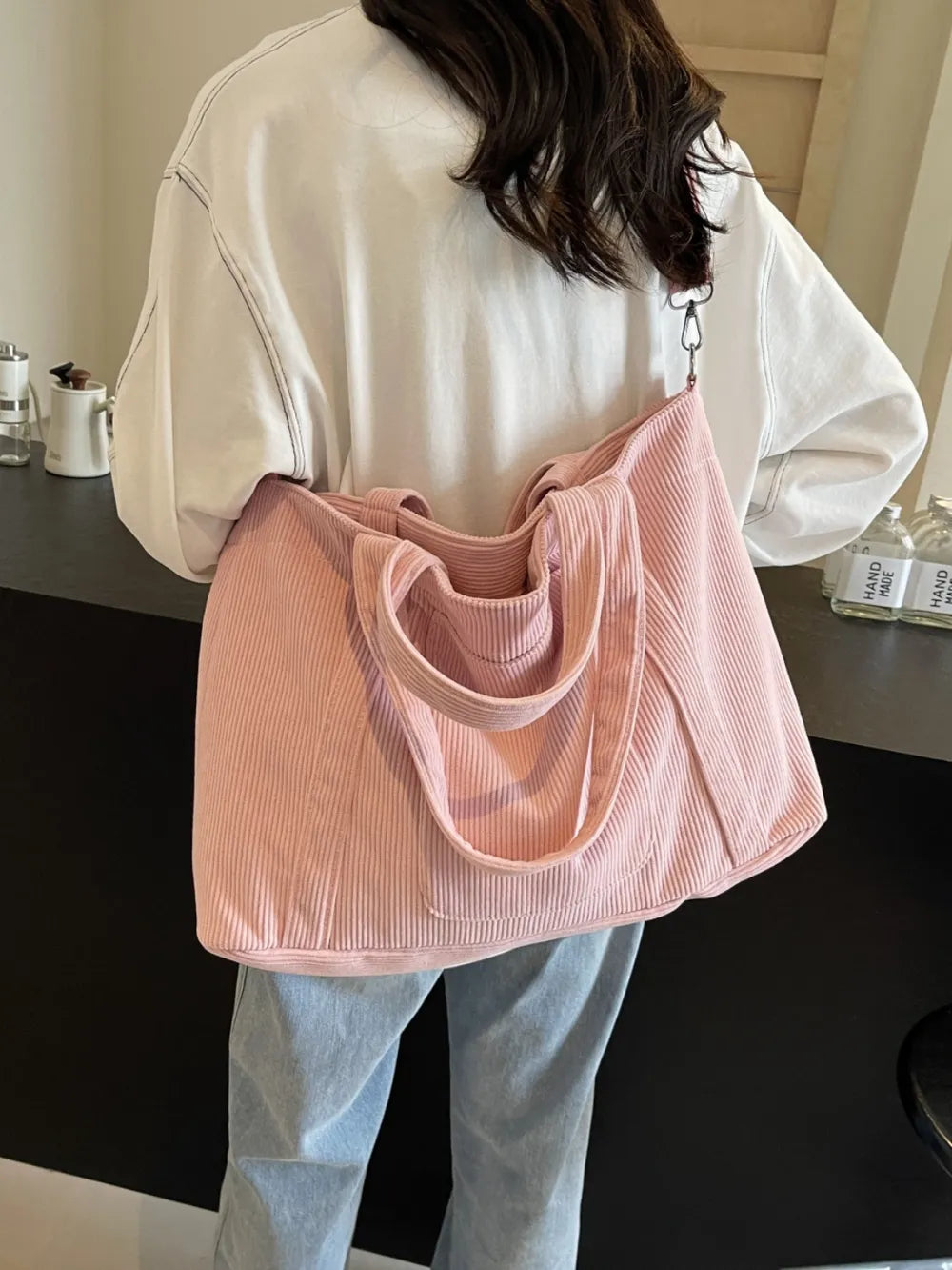 Corduroy Solid Large Tote Bag - Premium Tote Bag from Trendsi - Just $39.99! Shop now at Handbags Specialist Headquarter