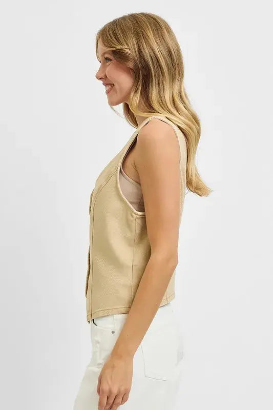 RISEN Plus Size V Neck Button Down Vest.