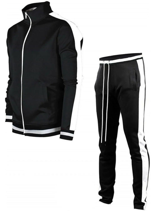 Men's Full Size Contrast Zip Up Top and Pants Set Plus Size.