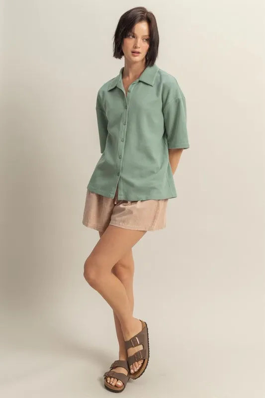 HYFVE Collared Neck Button Down Waffle Shirt - Premium Women's Down Shirt Tops from Trendsi - Just $35.56! Shop now at Handbags Specialist Headquarter