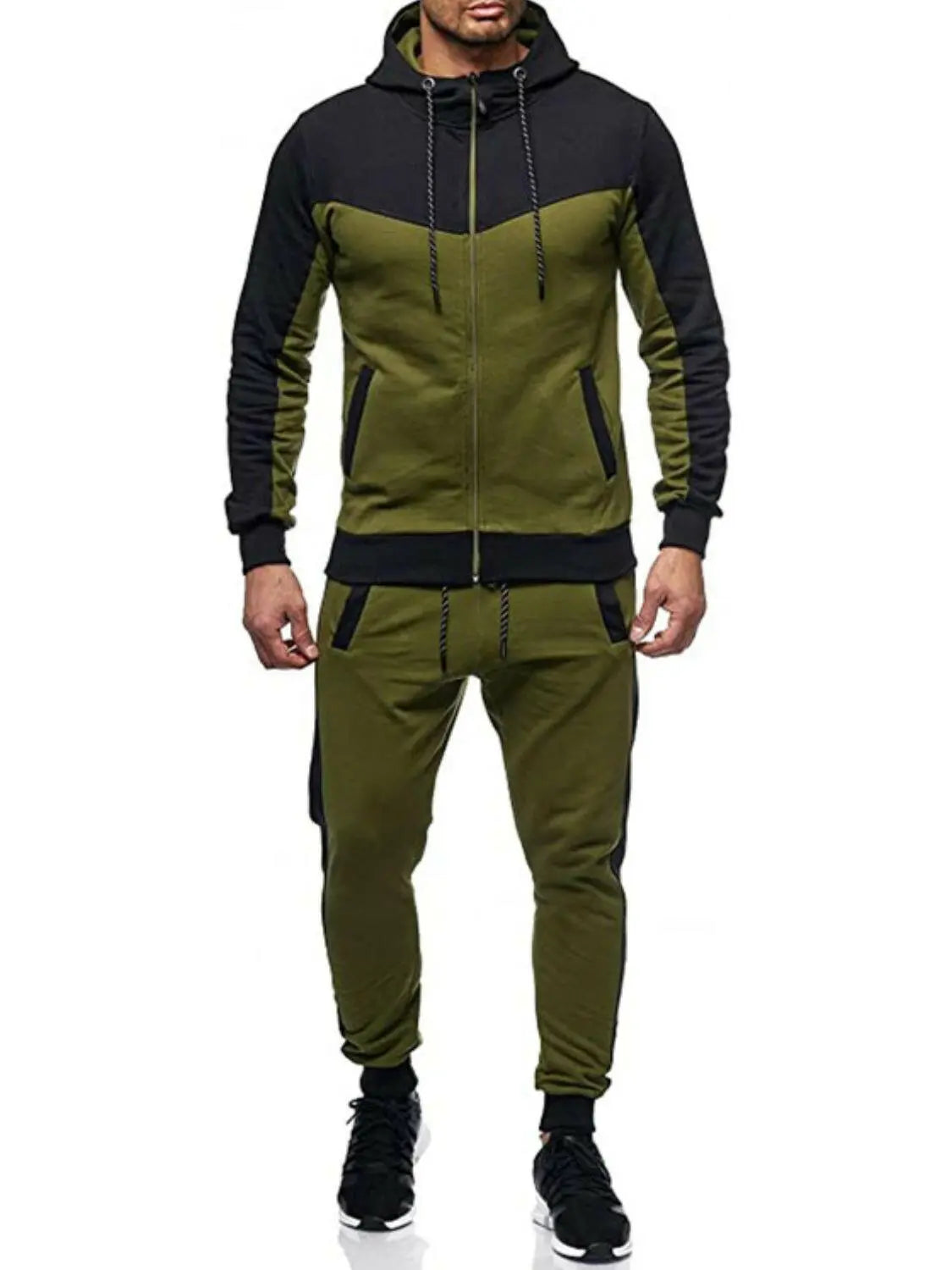 Men's Plus Size Zip Up Contrast Hoodie and Pants Set.