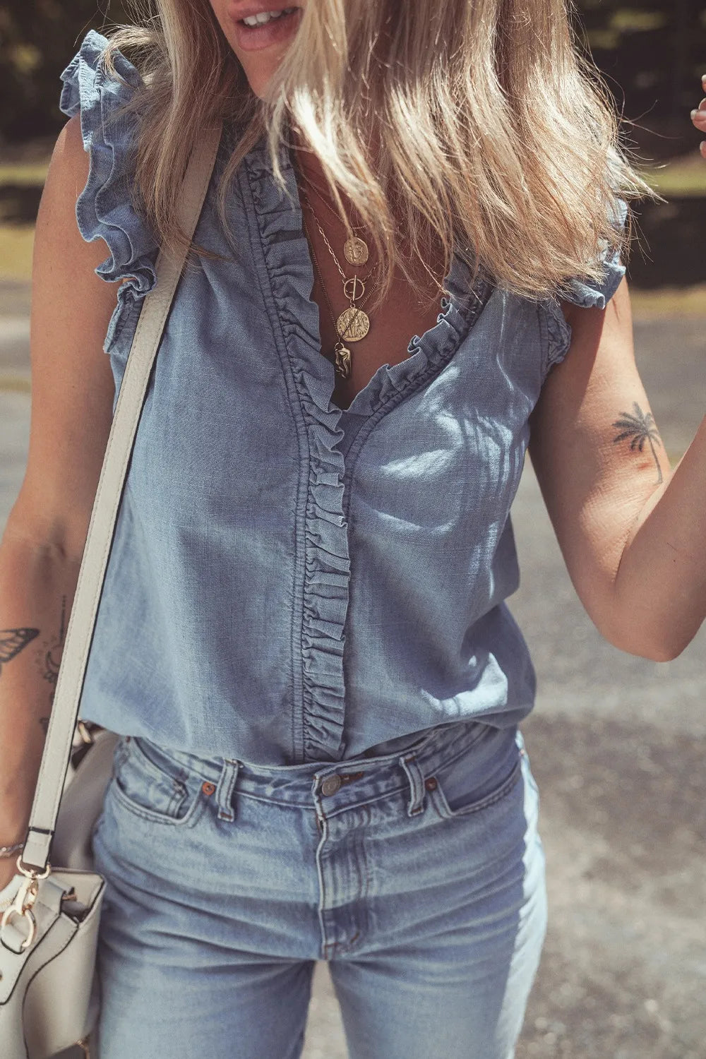 Frilly Ruffle Trim V Neck Chambray Tank - Premium Women / Jeans & Denim from Trendsi - Just $39.66! Shop now at Handbags Specialist Headquarter