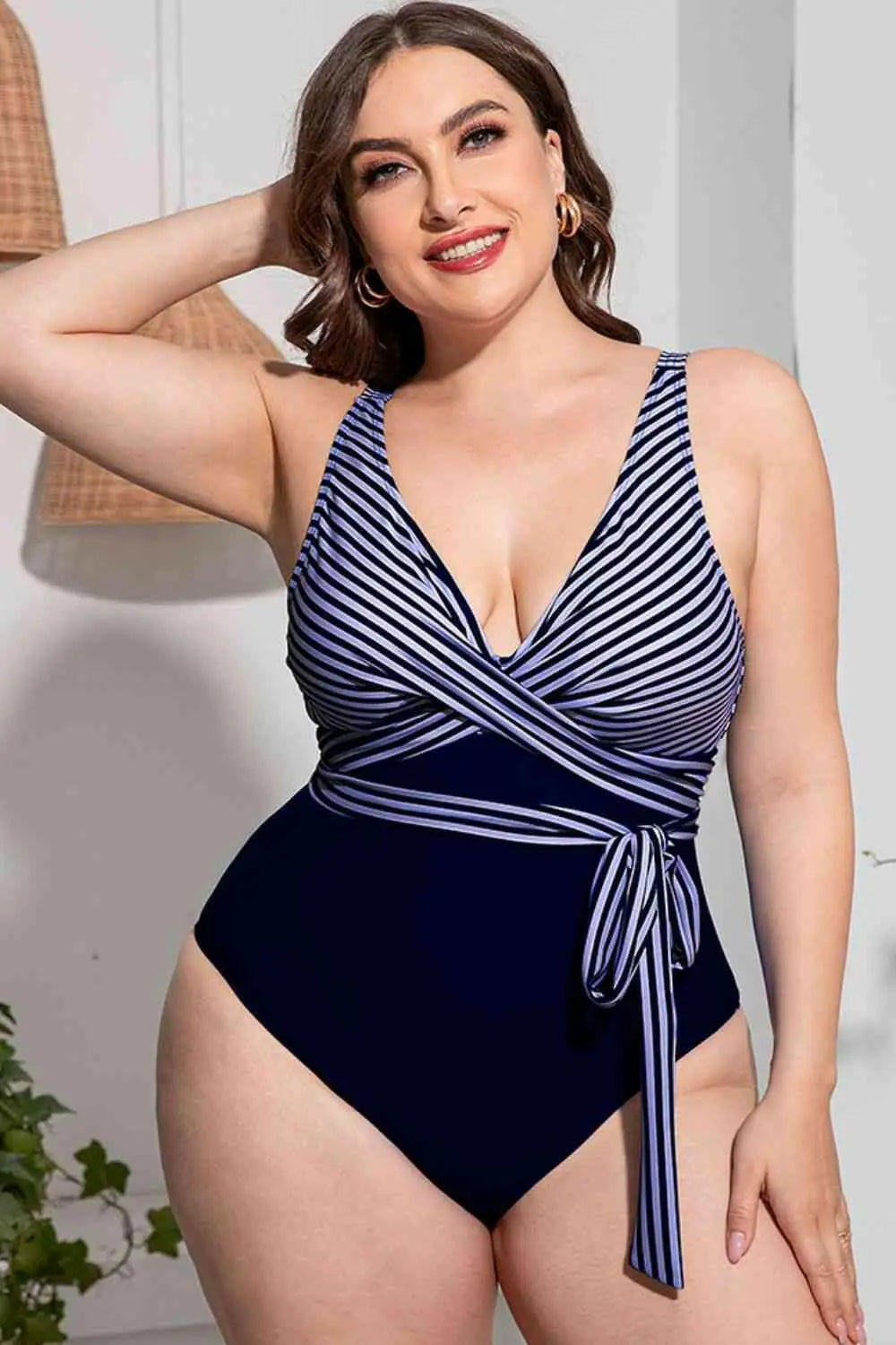 Plus Size Striped Tie-Waist One-Piece Swimsuit.