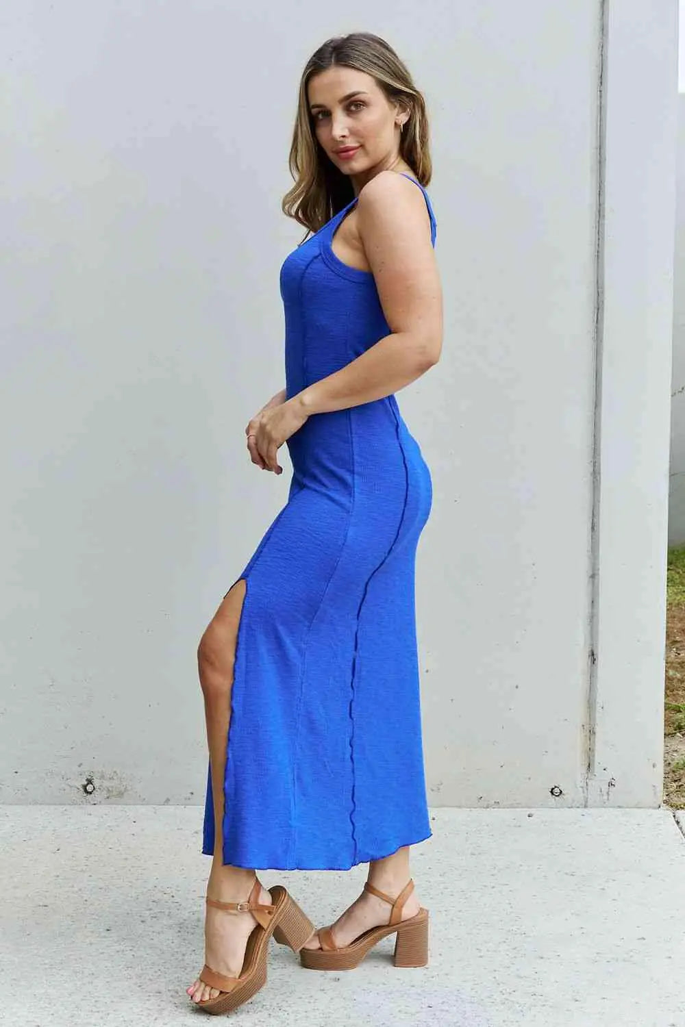 Culture Code Look At Me Full Size Notch Neck Maxi Dress with Slit in Cobalt Blue.