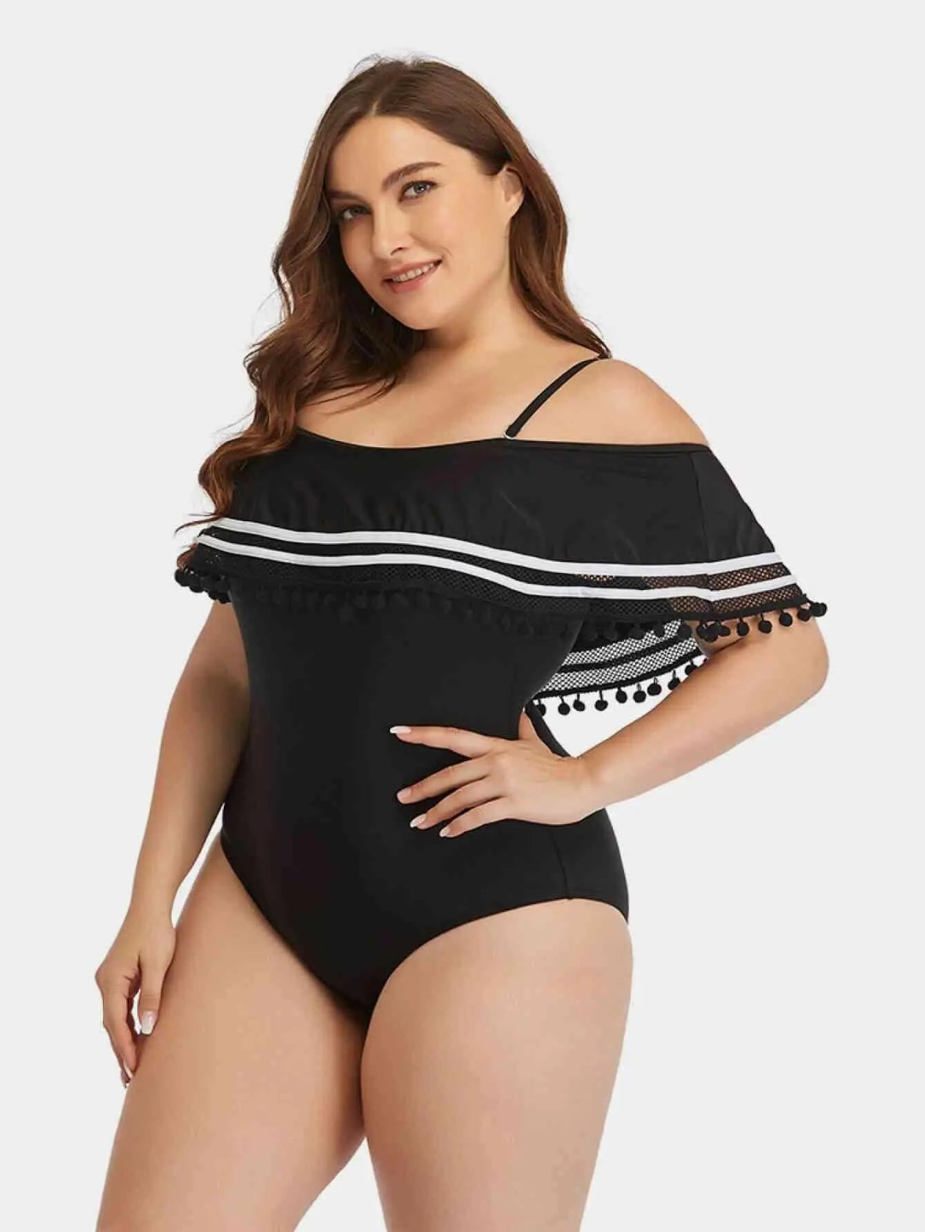 Plus Size Striped Cold-Shoulder One-Piece Swimsuit.