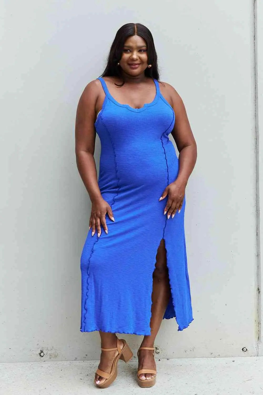 Culture Code Look At Me Full Size Notch Neck Maxi Dress with Slit in Cobalt Blue.