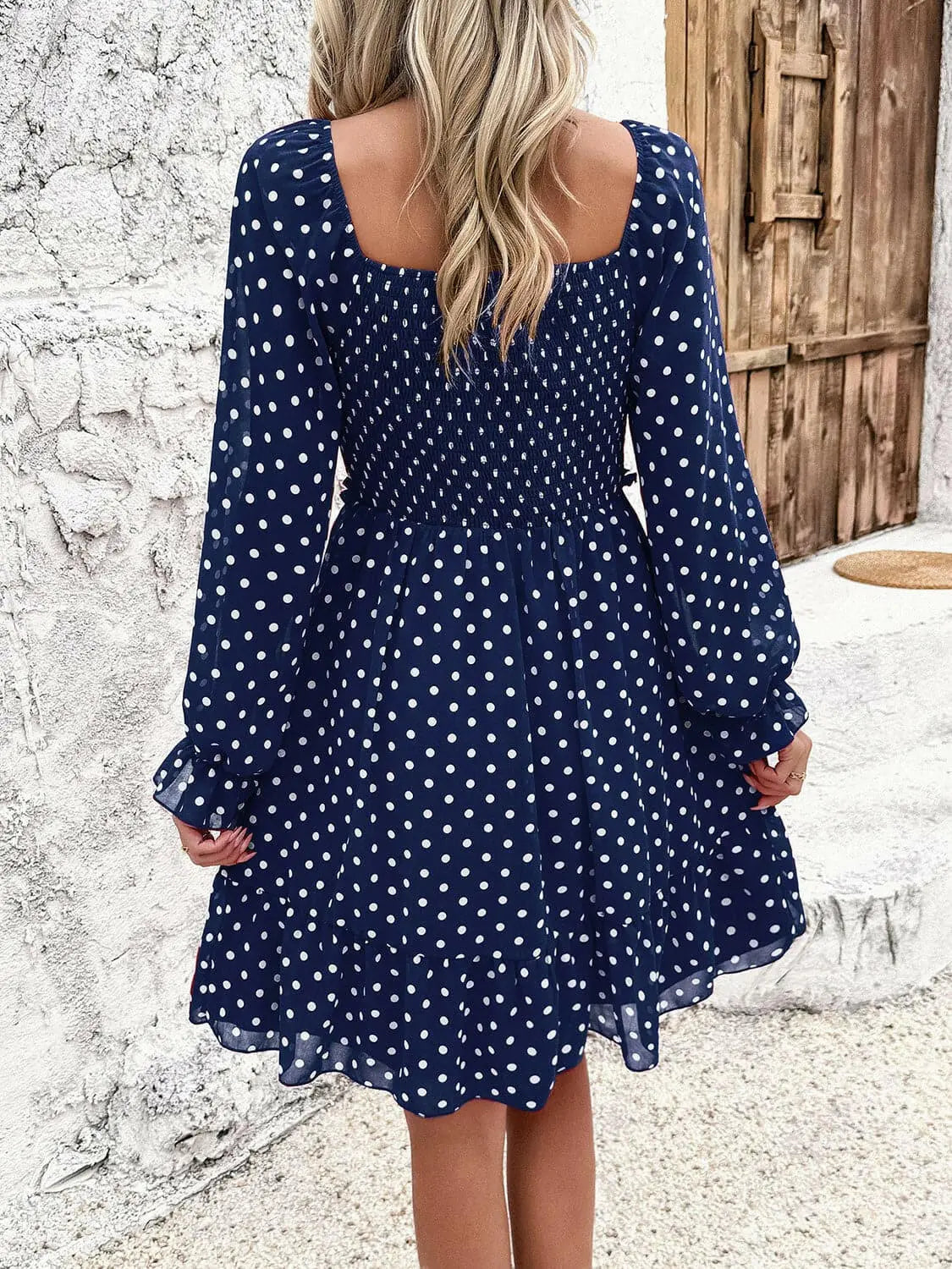 Smocked Polka Dot Long Sleeve Dress.