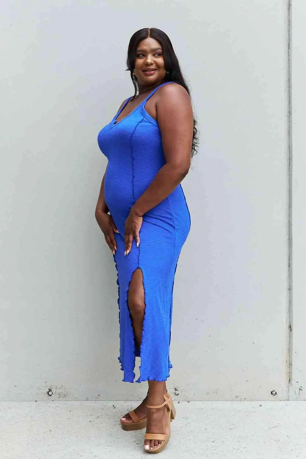 Culture Code Look At Me Full Size Notch Neck Maxi Dress with Slit in Cobalt Blue.