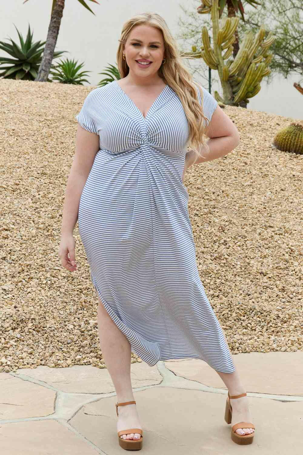 Culture Code Full Size Striped Twisted Detail Maxi Dress in Cobalt Blue.