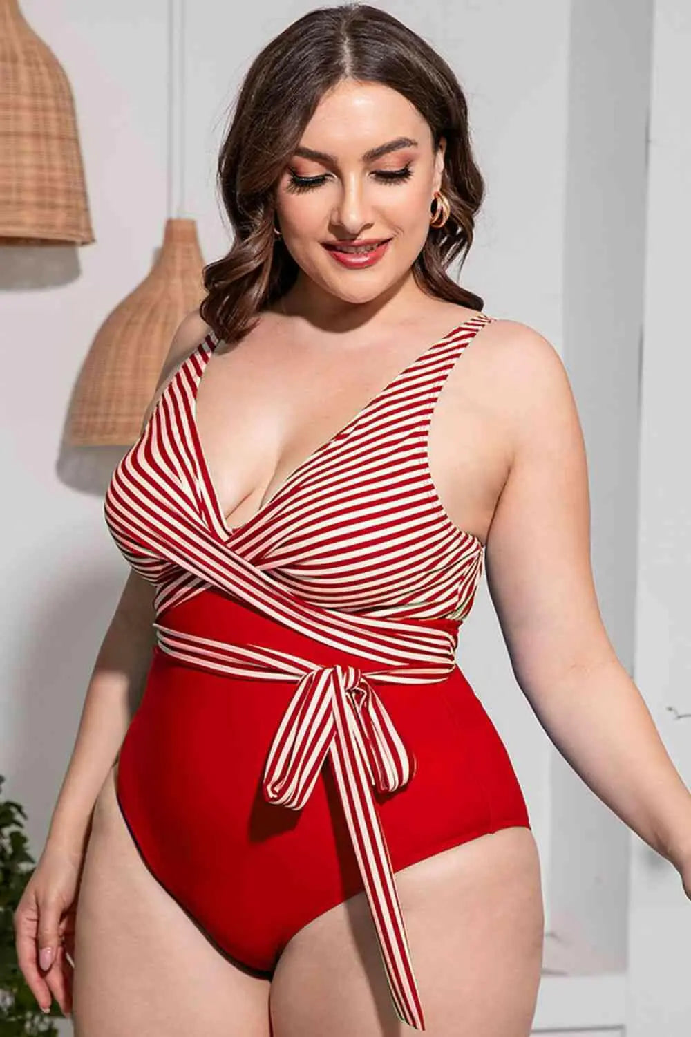 Plus Size Striped Tie-Waist One-Piece Swimsuit.