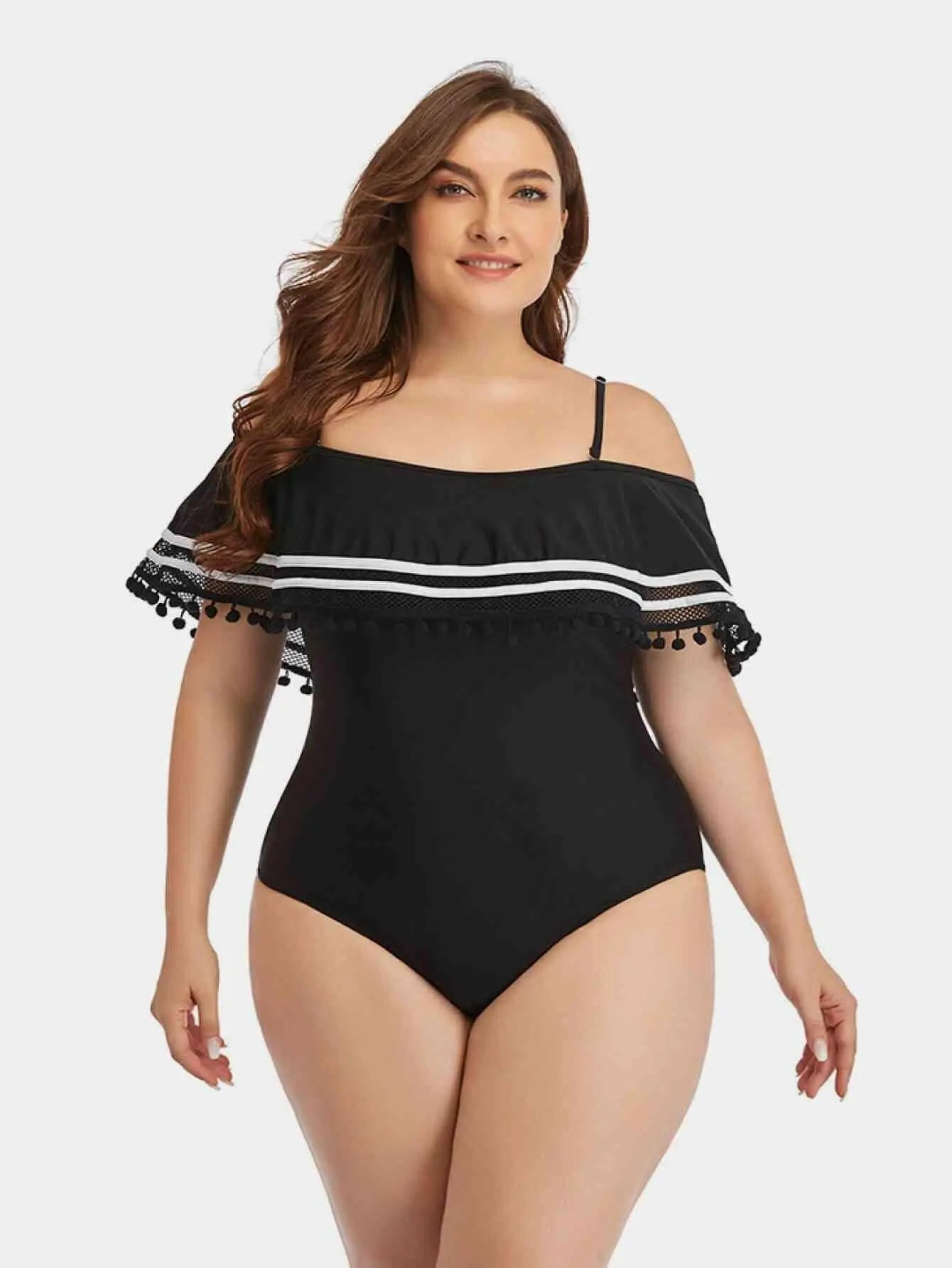 Plus Size Striped Cold-Shoulder One-Piece Swimsuit.