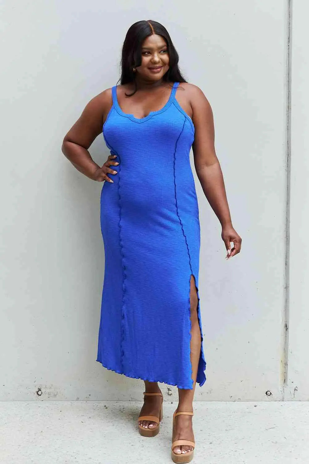 Culture Code Look At Me Full Size Notch Neck Maxi Dress with Slit in Cobalt Blue.