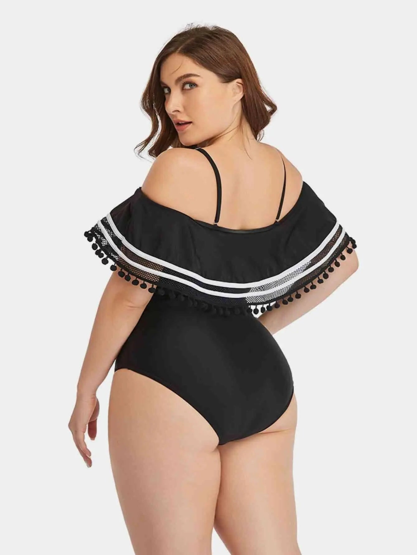 Plus Size Striped Cold-Shoulder One-Piece Swimsuit.