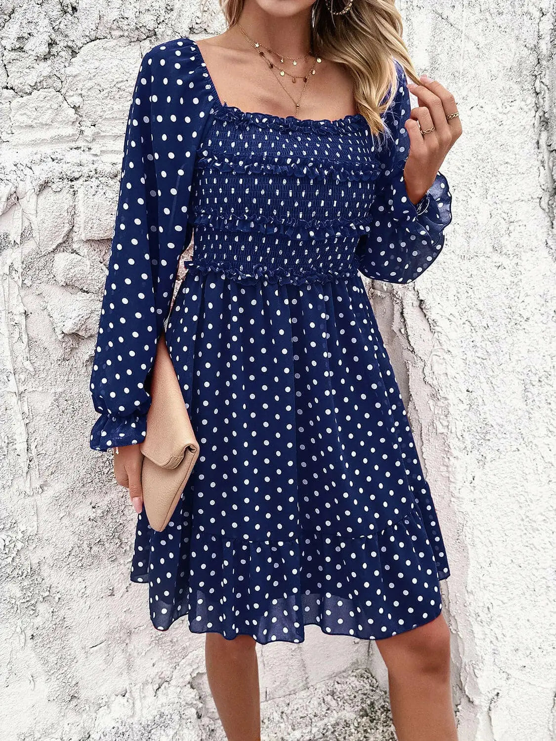 Smocked Polka Dot Long Sleeve Dress.
