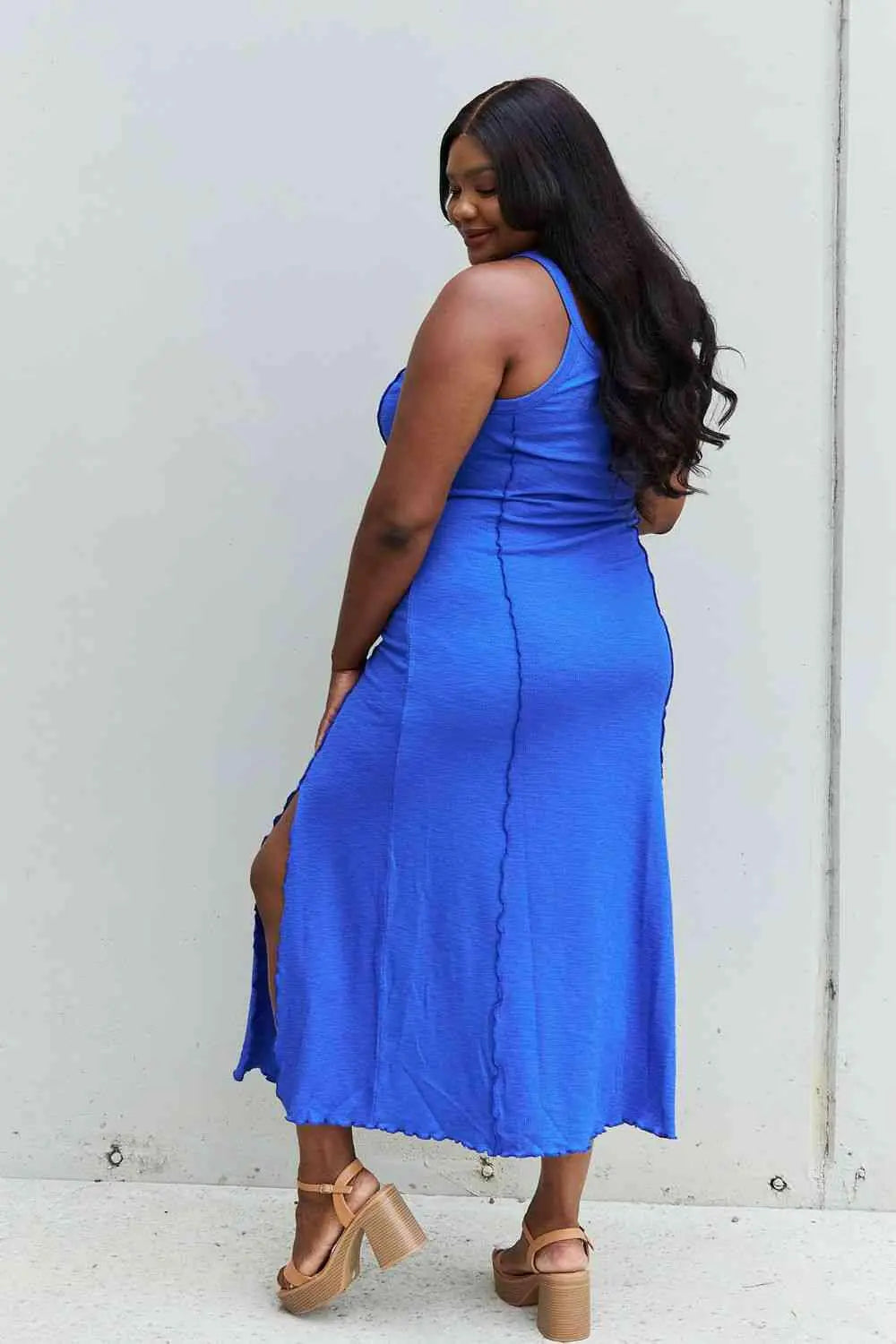 Culture Code Look At Me Full Size Notch Neck Maxi Dress with Slit in Cobalt Blue.