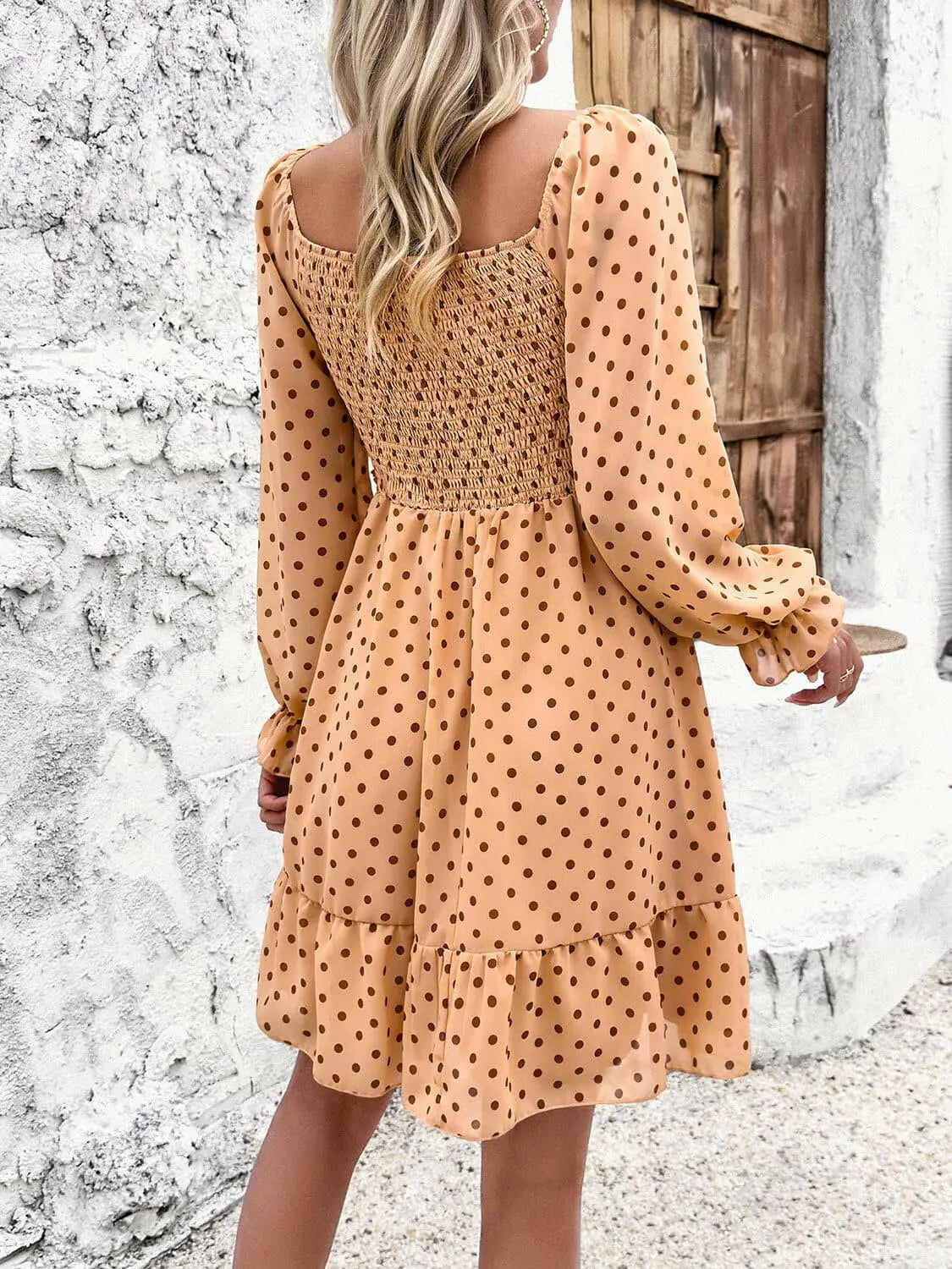 Smocked Polka Dot Long Sleeve Dress.