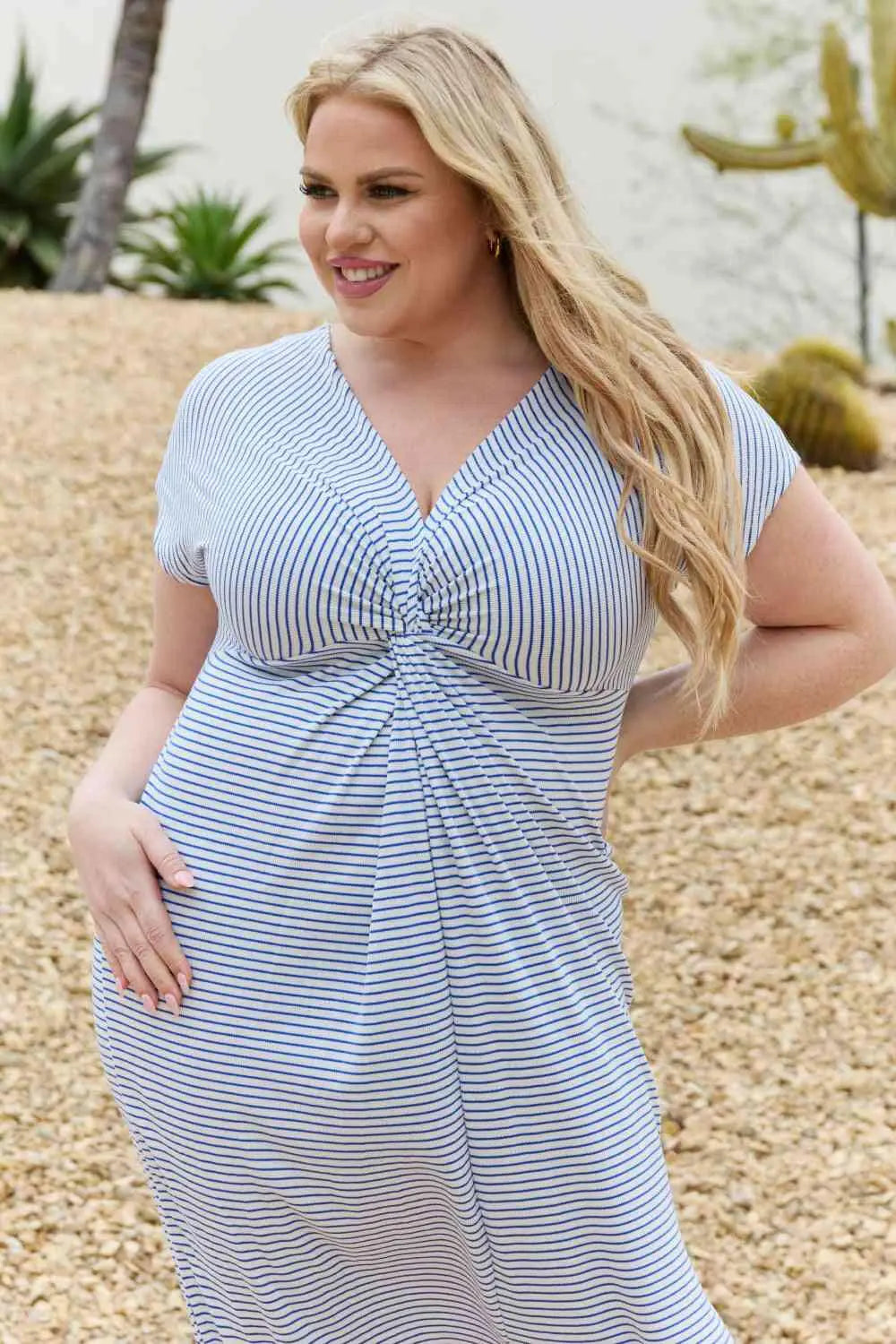 Culture Code Full Size Striped Twisted Detail Maxi Dress in Cobalt Blue.