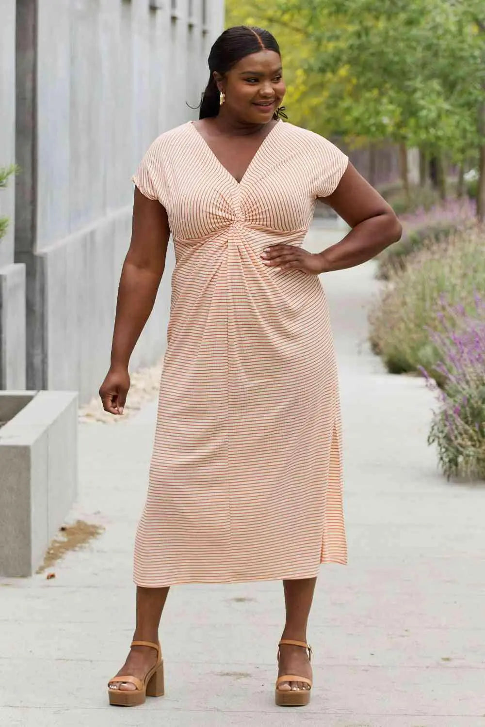 Culture Code Full Size Striped Twisted Detail Maxi Dress in Light Tomato.