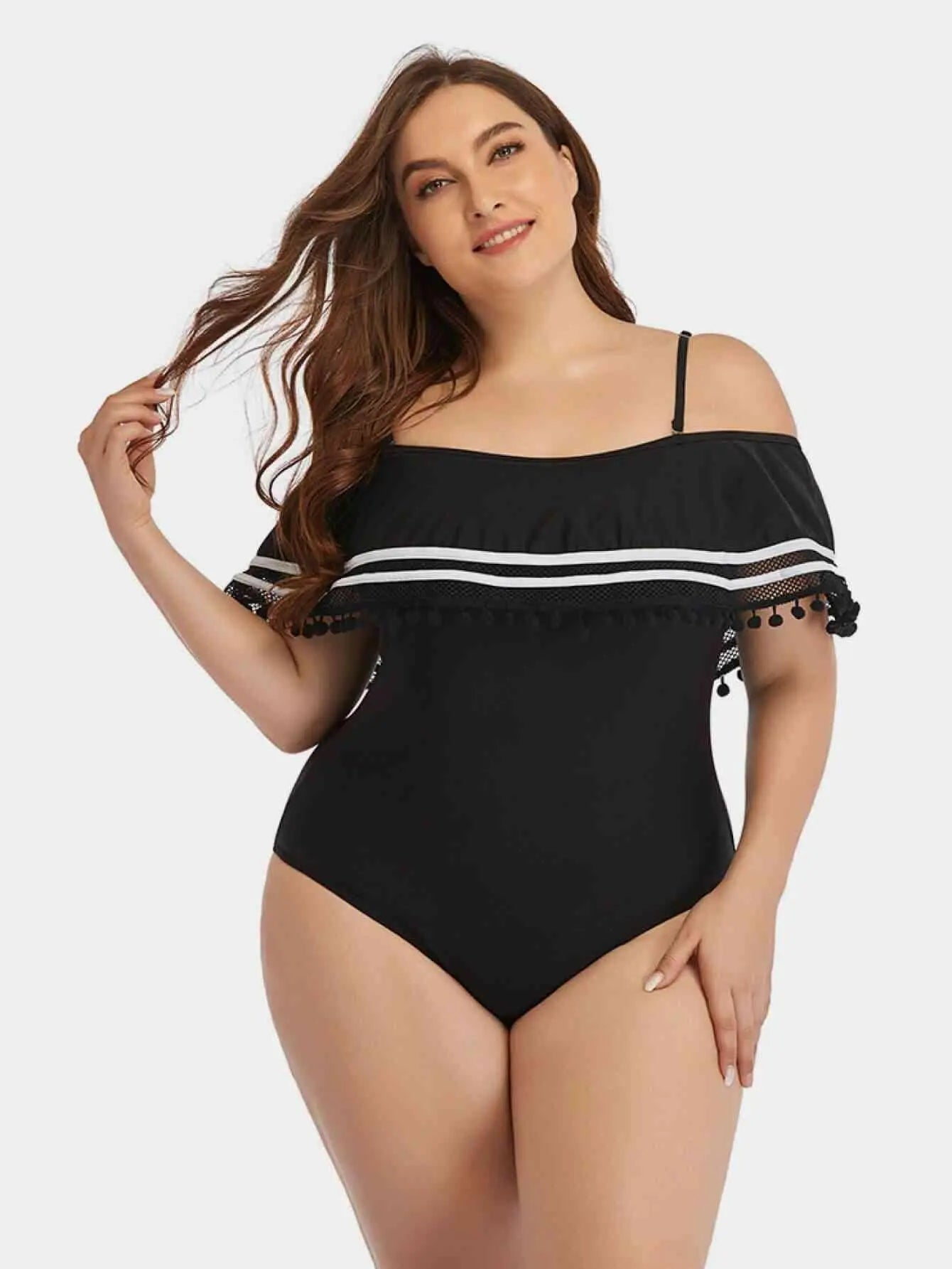 Plus Size Striped Cold-Shoulder One-Piece Swimsuit.