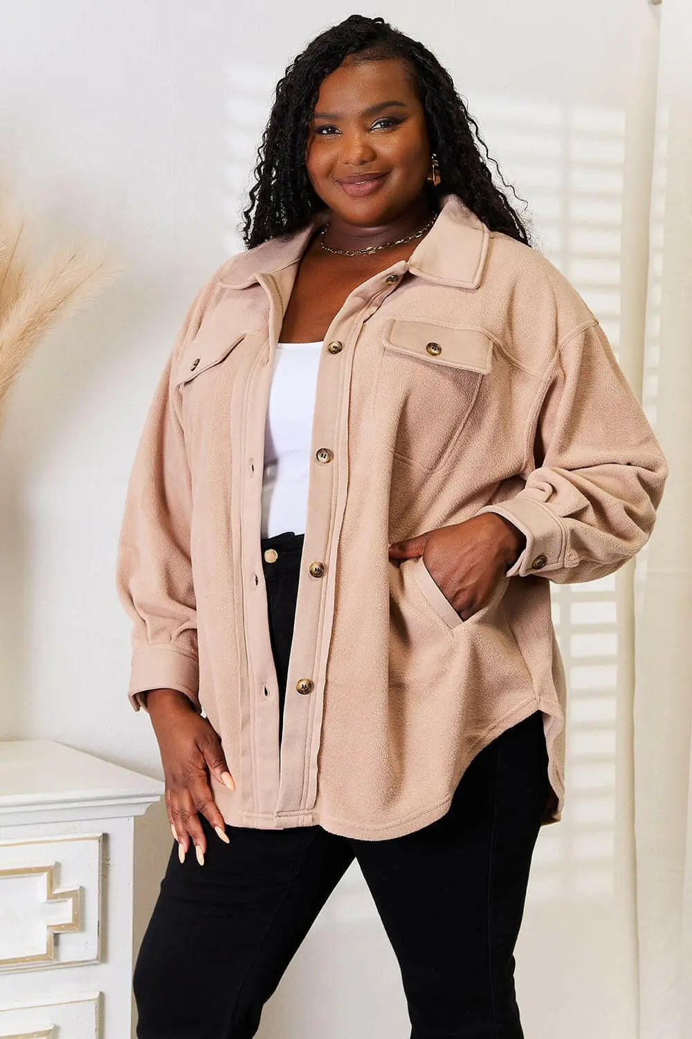 Heimish Cozy Girl Full Size Button Down Shacket.