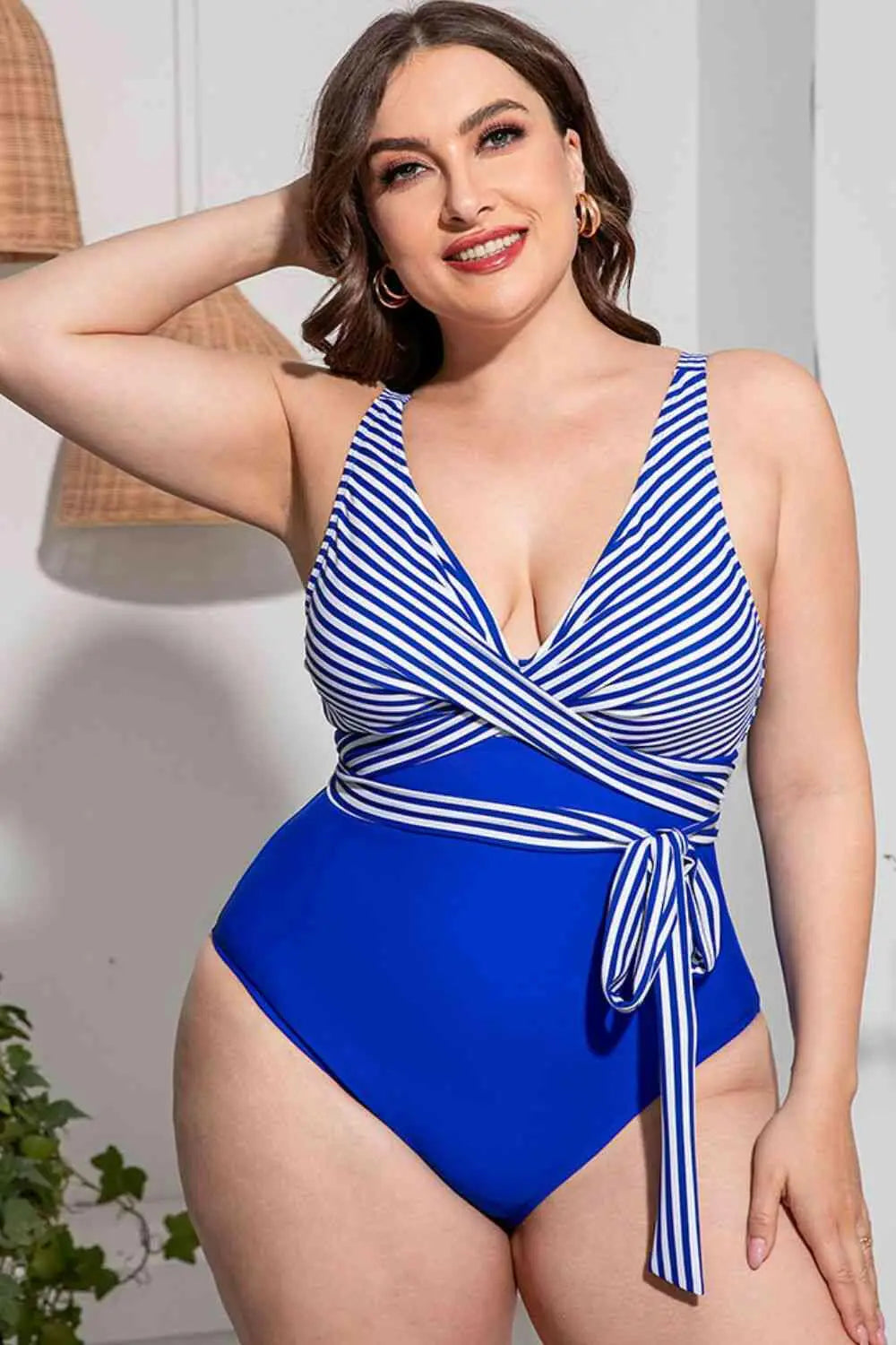 Plus Size Striped Tie-Waist One-Piece Swimsuit.