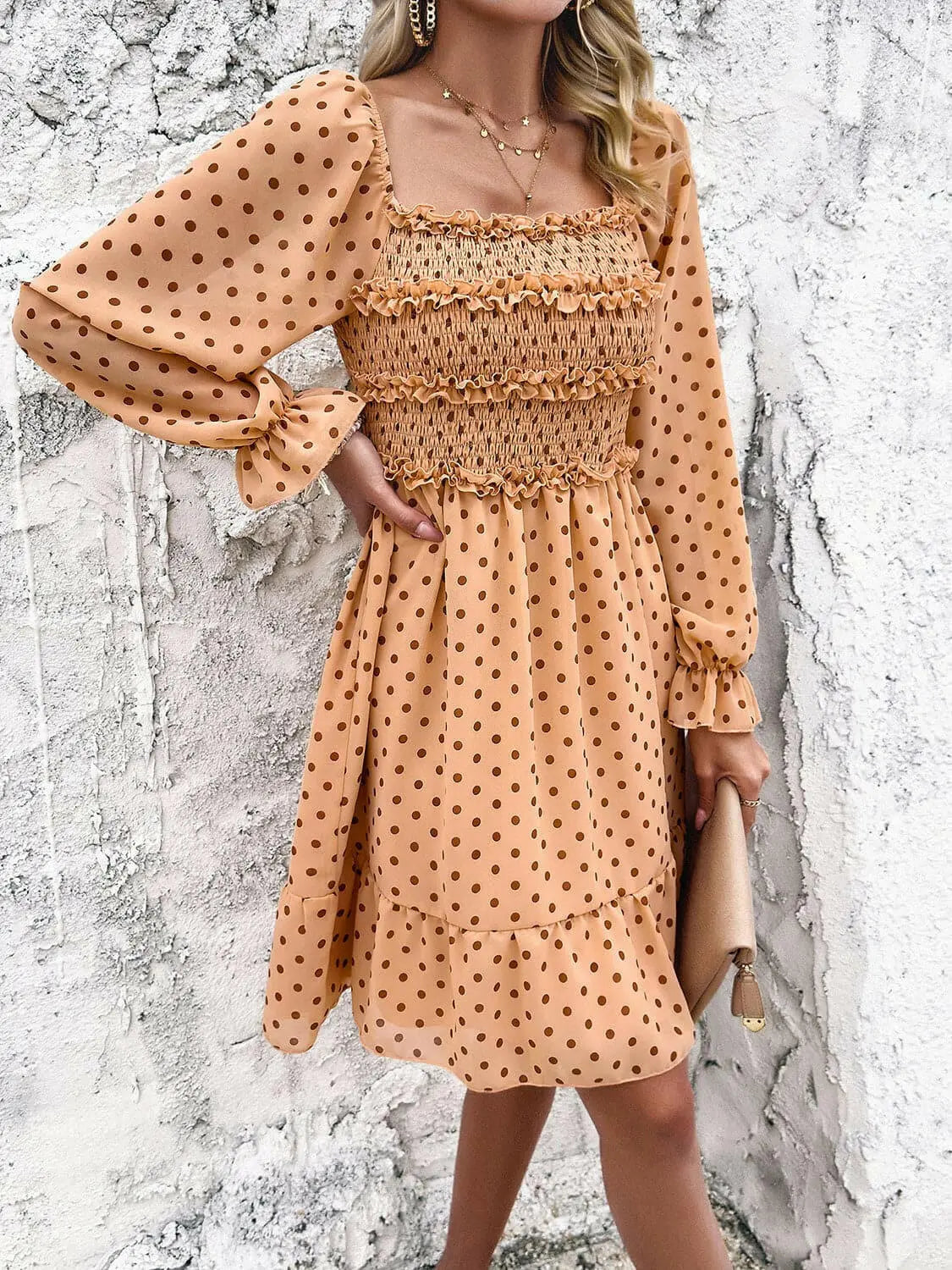 Smocked Polka Dot Long Sleeve Dress.