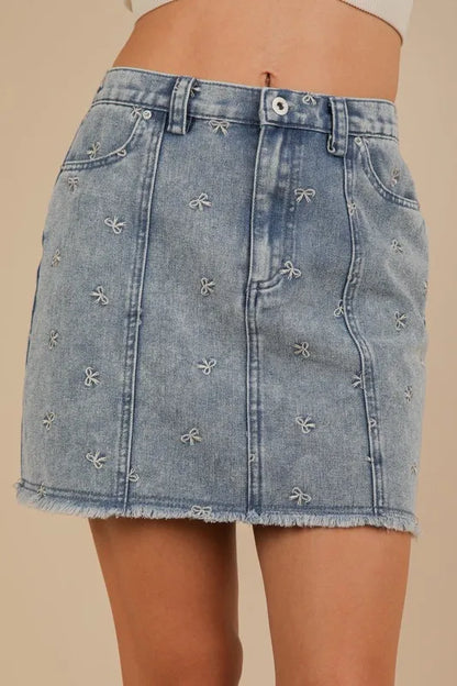 VERY J Bow Printed Casual Denim Mini Skirt - Premium Women / Jeans & Denim from Trendsi - Just $38.88! Shop now at Handbags Specialist Headquarter