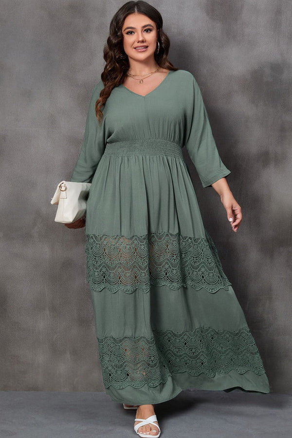 Plus Size Tied V-Neck Smocked Crochet Maxi Dress - Premium Dresses from Trendsi - Just $50! Shop now at Handbags Specialist Headquarter