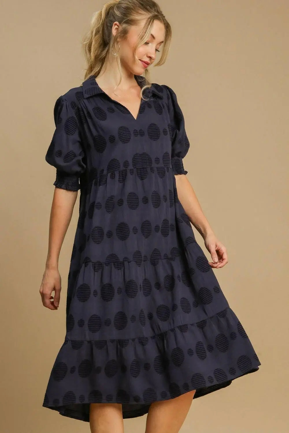 Umgee Full Size Swiss Dot Jacquard Tiered Midi Dress Plus Size.