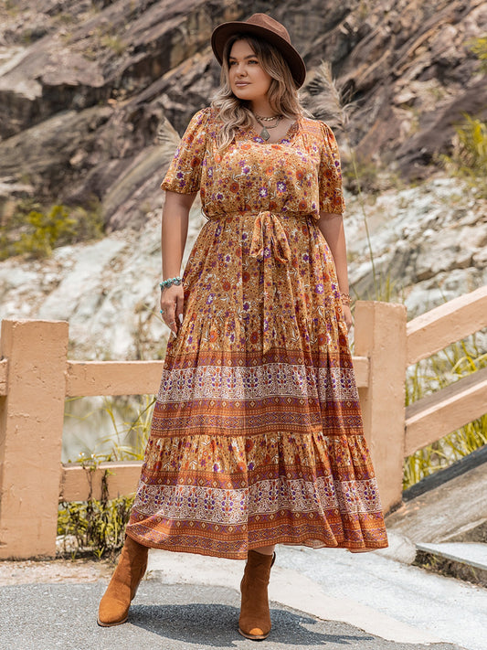 Plus Size Tie Waist Puff Sleeve Dress - Premium Dresses from Trendsi - Just $46.99! Shop now at Handbags Specialist Headquarter