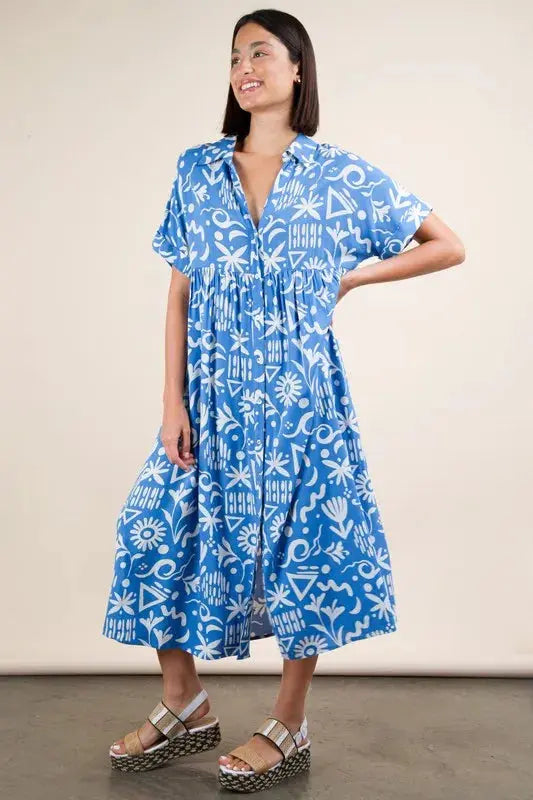 VERY J Plus Size Oversized Printed Shirt Midi Dress.