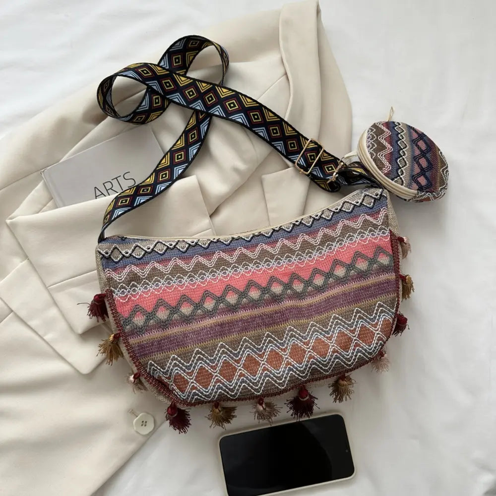 Printed Tassel Detail Crossbody Bag with Small Purse - Premium Handbags from Trendsi - Just $17.99! Shop now at Handbags Specialist Headquarter