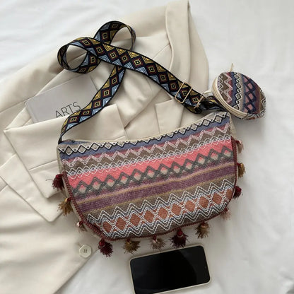 Printed Tassel Detail Crossbody Bag with Small Purse - Premium Handbags from Trendsi - Just $17.99! Shop now at Handbags Specialist Headquarter
