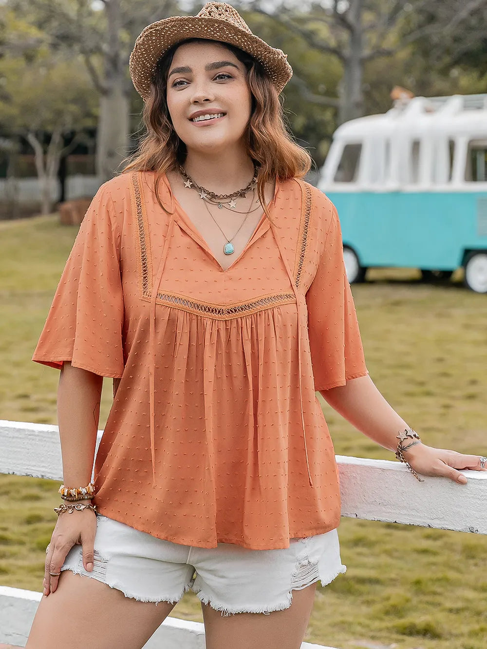 Plus Size Ruched Tie Neck Half Sleeve Blouse - Premium Plus Size Shirts from Trendsi - Just $26.98! Shop now at Handbags Specialist Headquarter