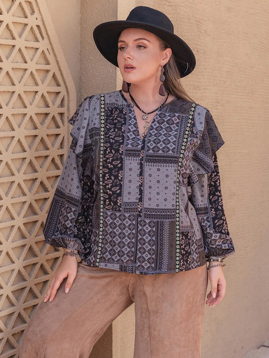 Plus Size Ruffled Printed Notched Long Sleeve Blouse - Premium Plus Size Shirts from Trendsi - Just $31.52! Shop now at Handbags Specialist Headquarter