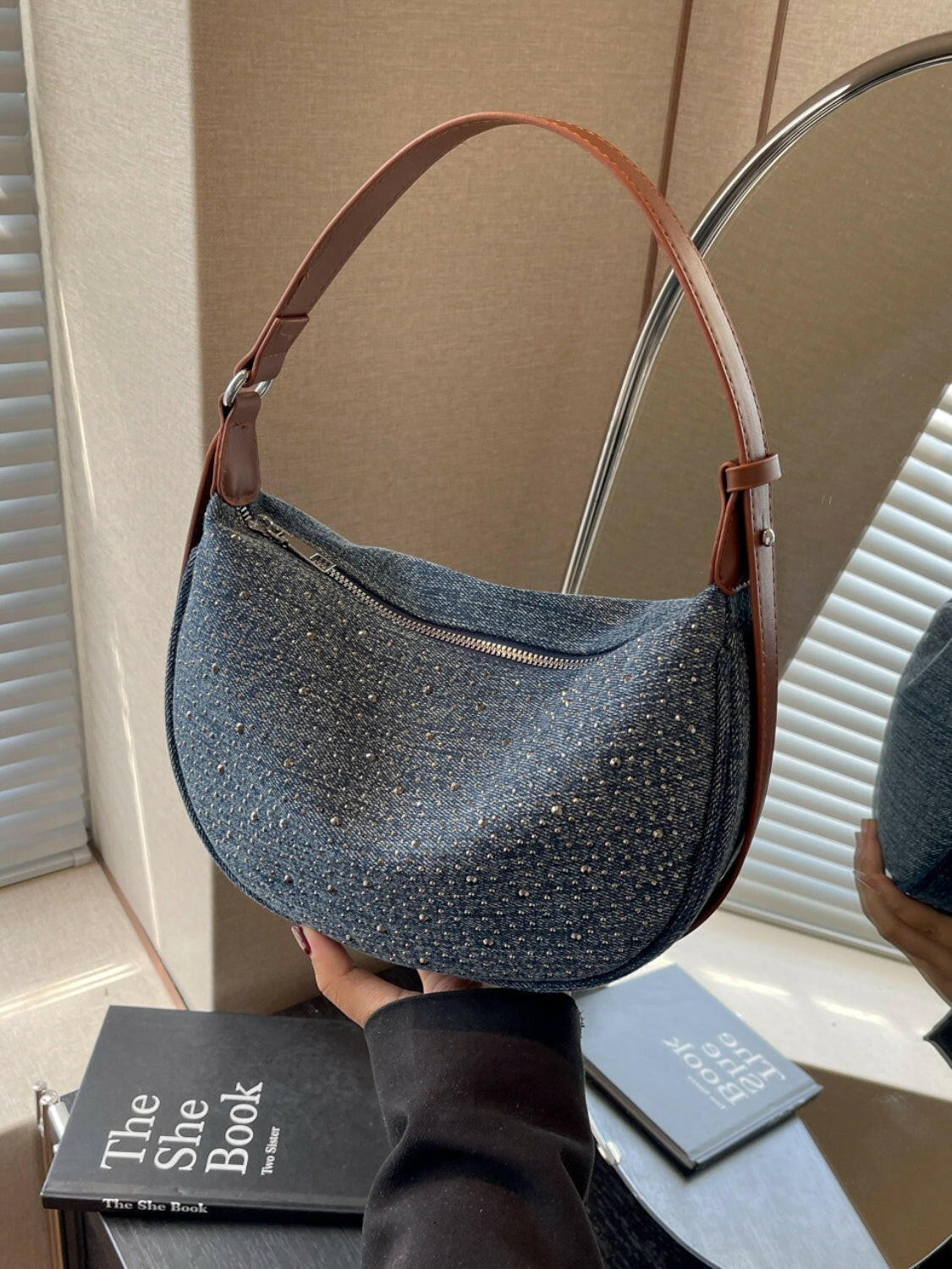 Rhinestone Denim Shoulder Bag.