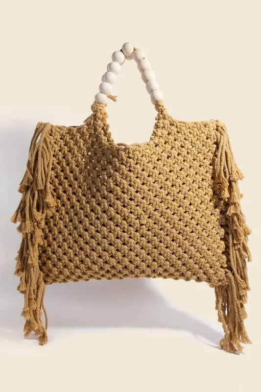Fame Wooden Beaded Handle Braided Tote Bag - Premium Tote Bag from Trendsi - Just $42.99! Shop now at Handbags Specialist Headquarter