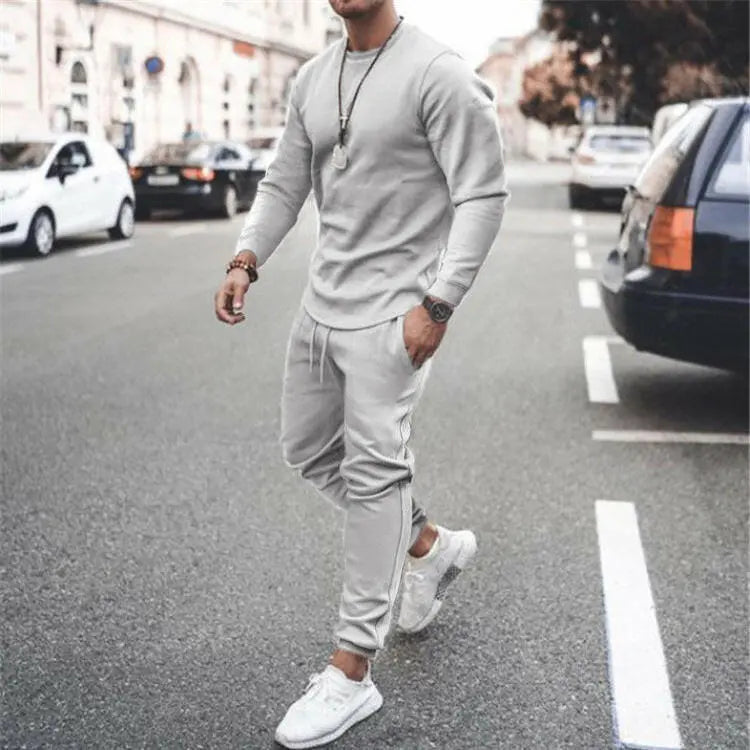 Men's Full Size Round Neck Long Sleeve Top and Pants Set Plus Size.