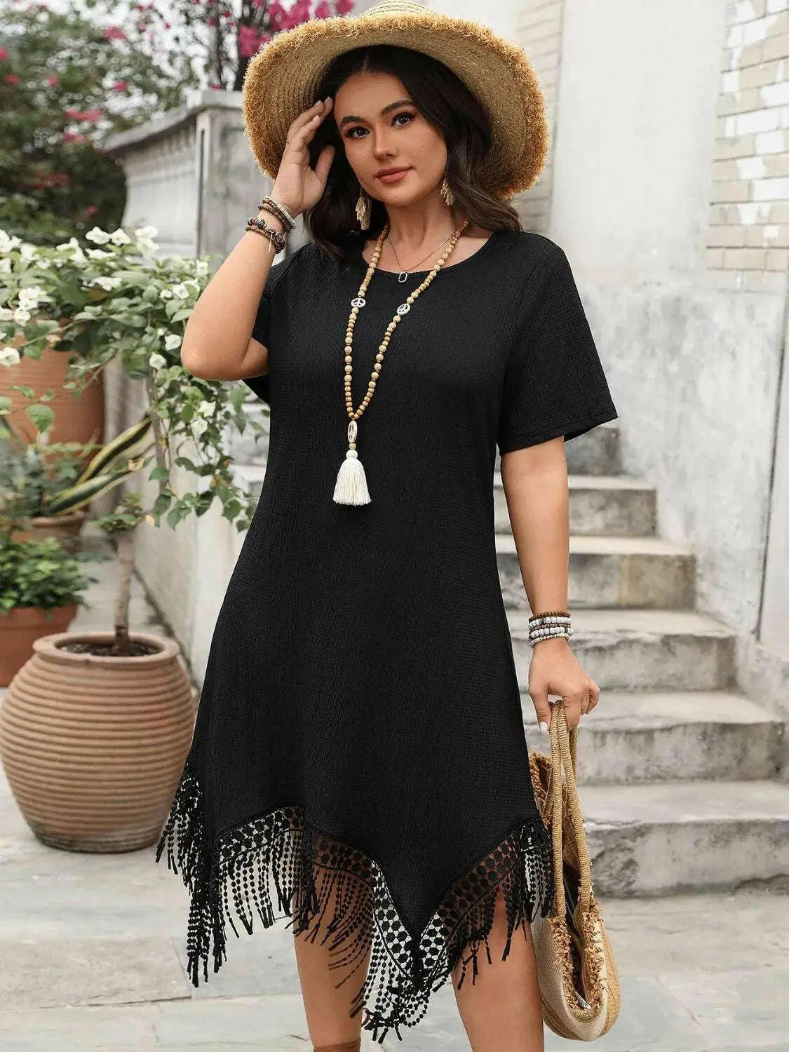 Plus Size Fringe Round Neck Short Sleeve Midi Tee Dress.