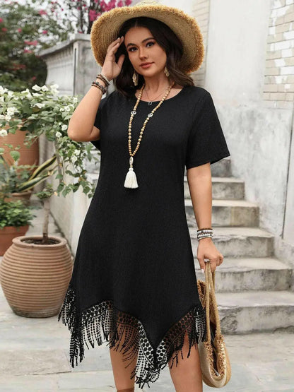 Plus Size Fringe Round Neck Short Sleeve Midi Tee Dress.