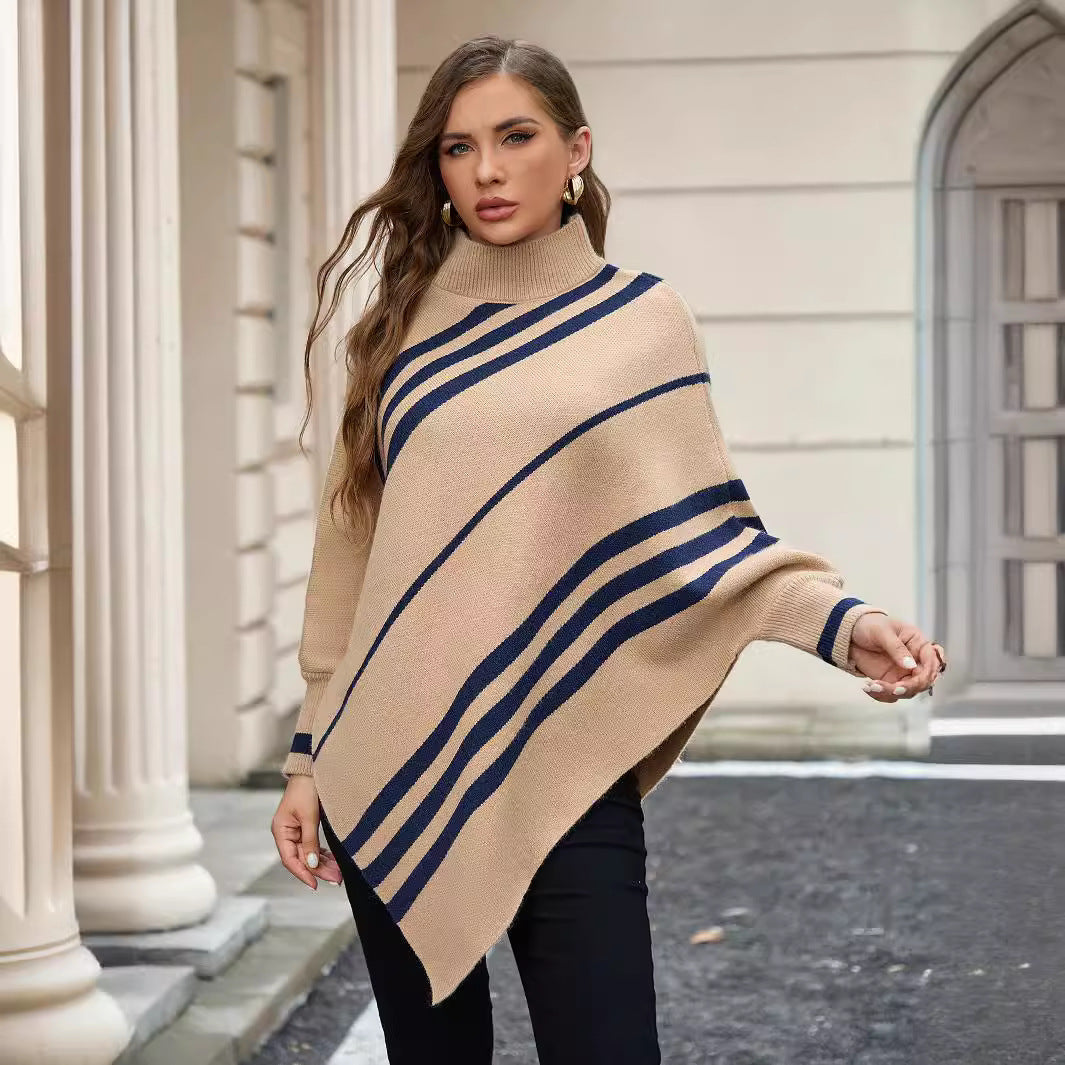 StripeBat Shawl: Half Turtleneck Pullover Sweater