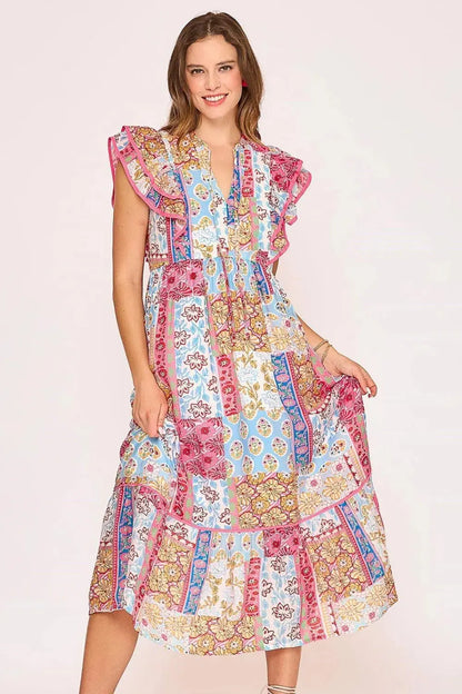 Umgee Full Size Tie Neck Double Layered Ruffle Sleeve Midi Dress Plus Size.