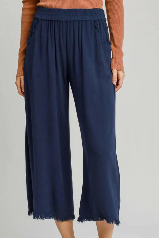 Umgee Full Size Linen Blend Elastic Waistband Wide Leg Pants Plus Size.