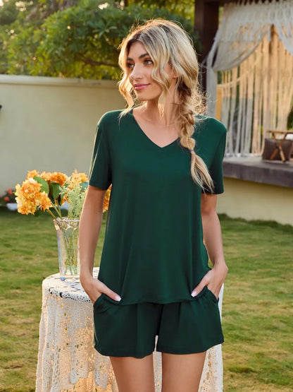 V-Neck Short Sleeve Top and Pocketed Shorts Lounge Set - Premium sleepwear from Trendsi - Just $31.99! Shop now at Handbags Specialist Headquarter
